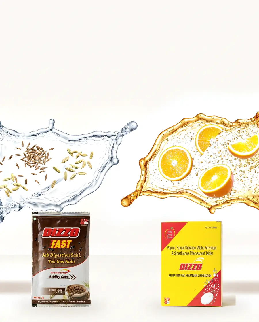A Dizzo Fast sachet standing in a burst of clear water carrying cumin and fennel seeds, and a Dizzo Tablet carton standing in a burst of sparkling orange water with fresh oranges